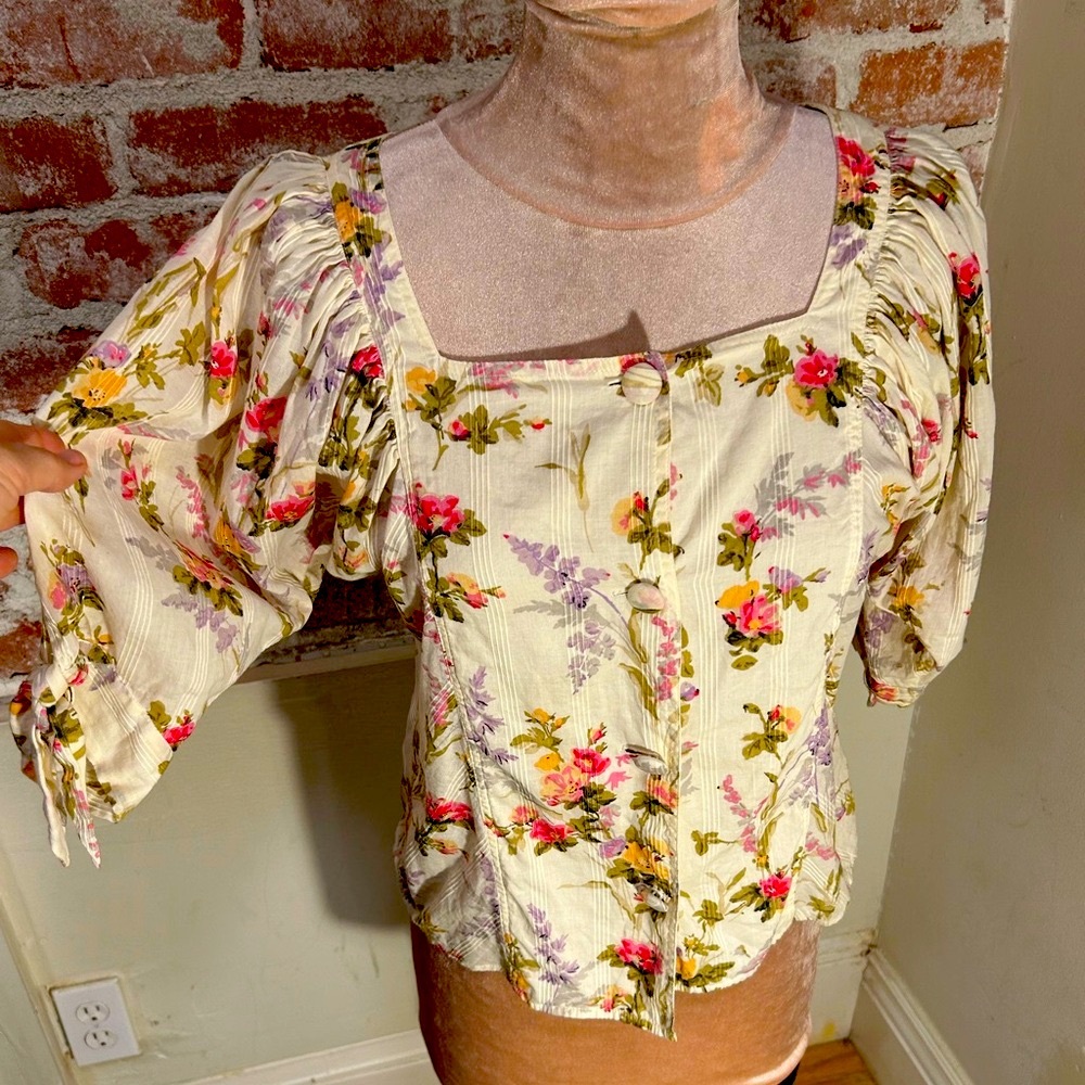 Vintage pastel floral delicate feminine square neck bishop sleeves blouse top, 6